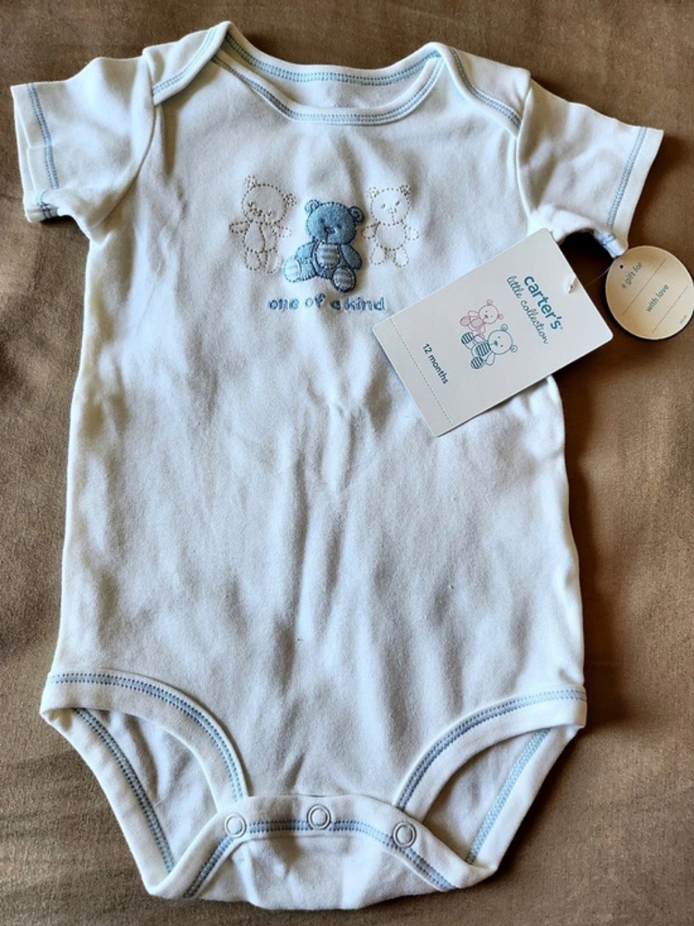 Carter's Little Collection One of a Kind Bear Bodysuit Blue Trim 12 Months
